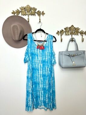 Blue Tie-Dye Cold-Shoulder Midi Dress